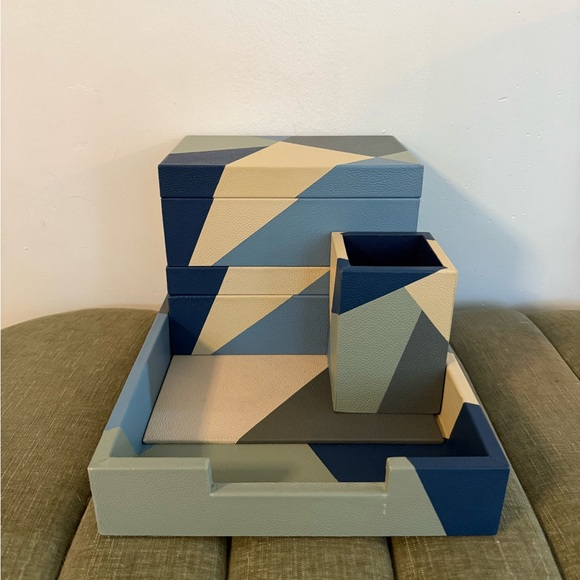 Jonathan Adler Geometric Blue and Cream Desk Organizer Set - Picture 1 of 7